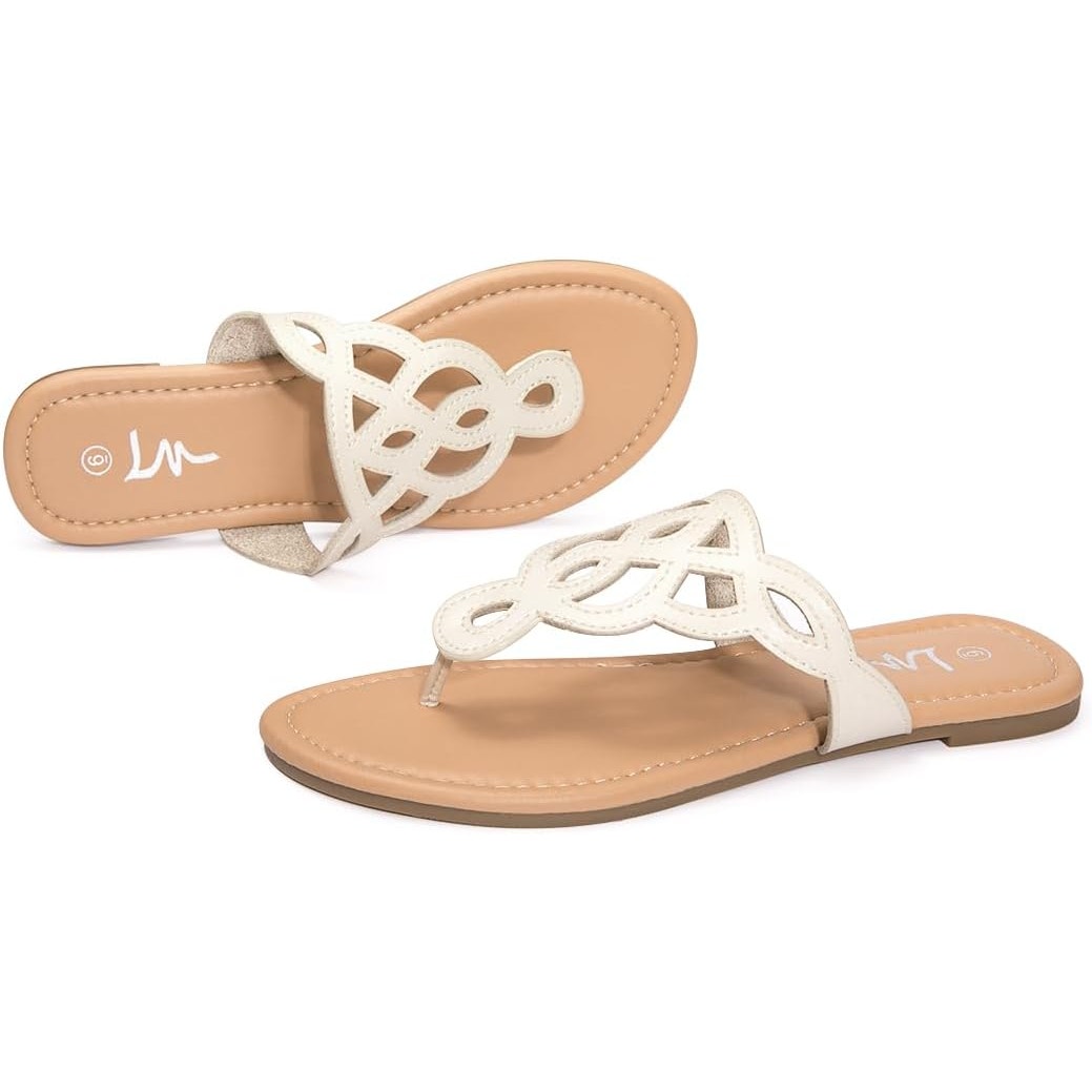 LM Womens Size 6 Cream Thong T-Strap Slip On Flat Flip Flop Sandals Shoes