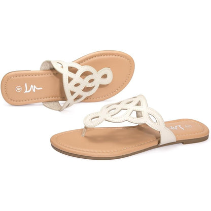 LM Womens Size 6 Cream Thong T-Strap Slip On Flat Flip Flop Sandals Shoes