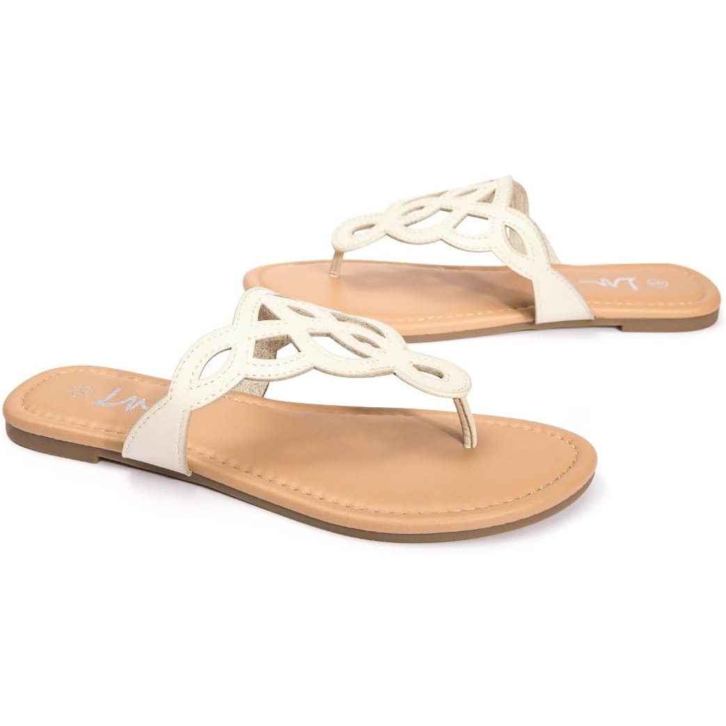 LM Womens Size 6 Cream Thong T-Strap Slip On Flat Flip Flop Sandals Shoes